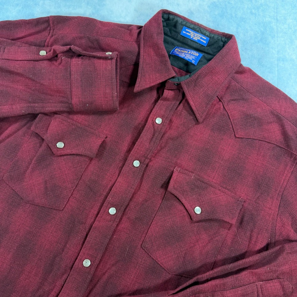 Pendleton Wool Western Shirt Mens L Burgundy Wool Heritage Pearl Snap Ombre